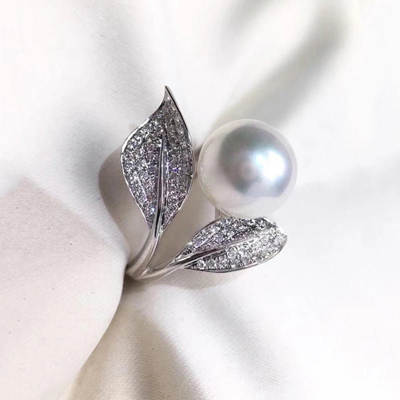 Huitan Pearl Leaf Ring for Women – Silver Fashion Ring Fashion Ring Axl