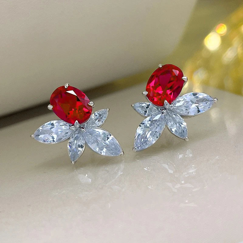 Huitan Red CZ Flower Stud Earrings – Silver-Tone Women's Jewelry CZ Stud Earrings Axl E2465