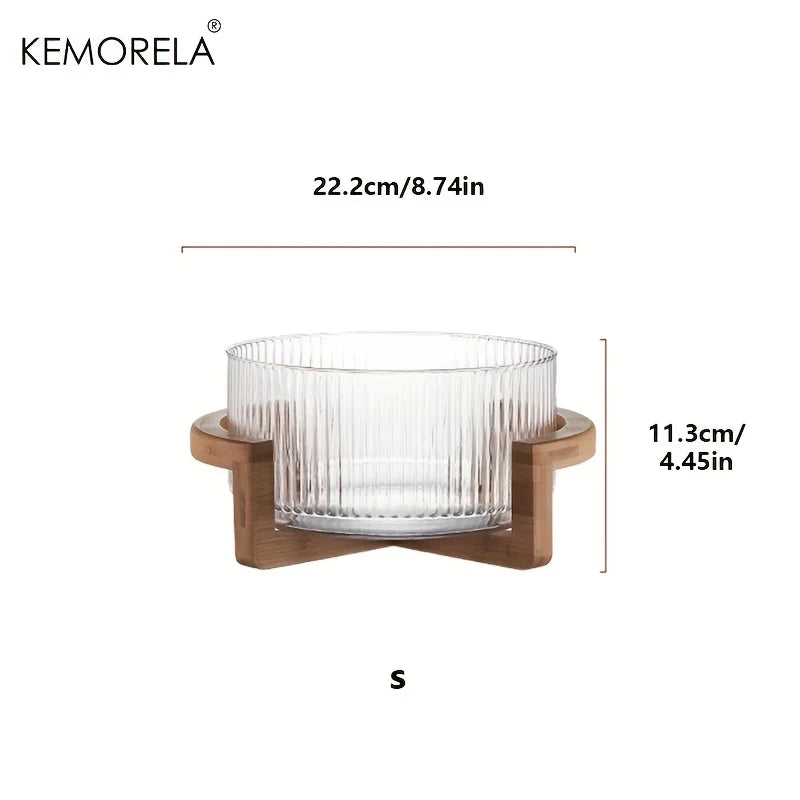 KEMORELA Striped Glass Bowl with Wooden Stand | Salad & Fruit Glass Serving Bowl Axl 22cm