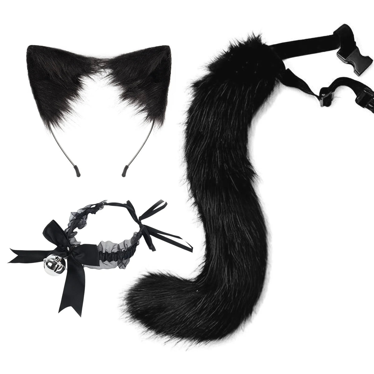 Cat & Fox Plush Tail – Anime Cosplay Halloween Costume Prop Cosplay Tail Prop Axl Black-1set