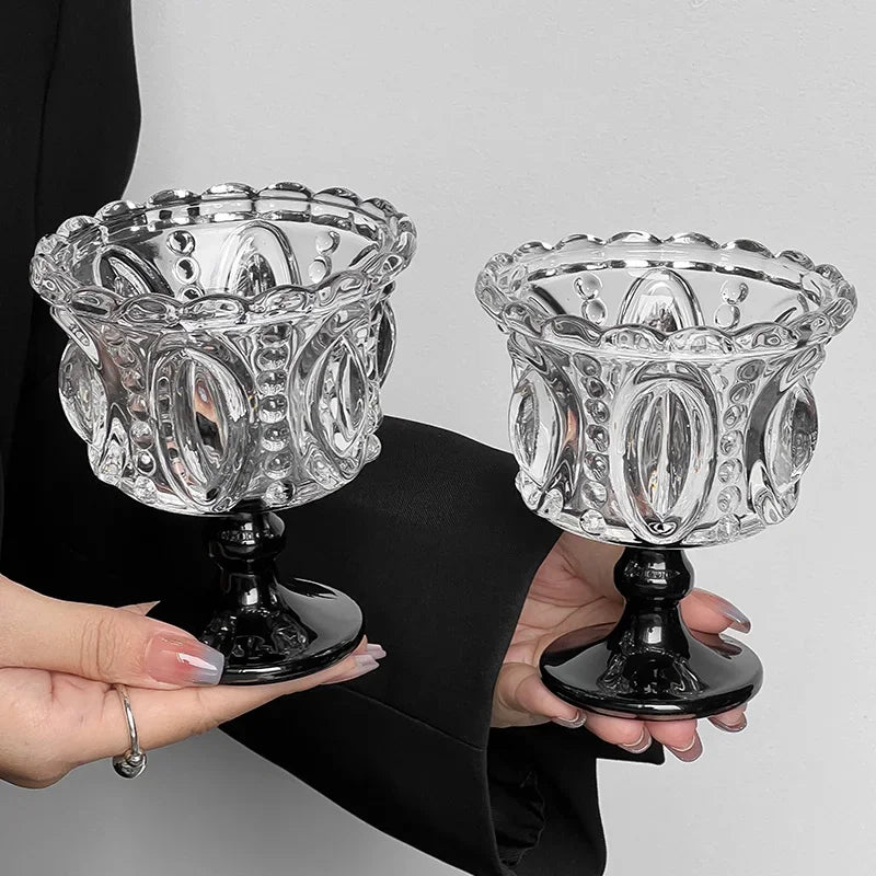 KEMORELA Retro Embossed Tall Glass Goblet – Black Crystal Cup Glass Goblet Set Axl 2PCS Black Feet