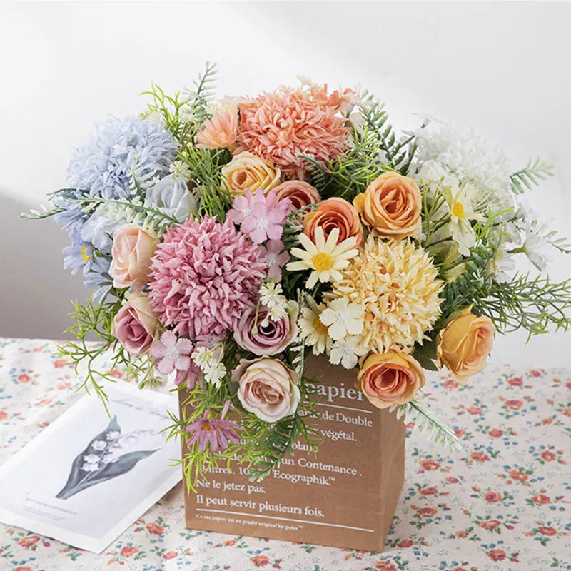 Silk Rose & Chrysanthemum Artificial Flower Bouquet | 2–4 Pcs Artificial Flower Bouquet Axl