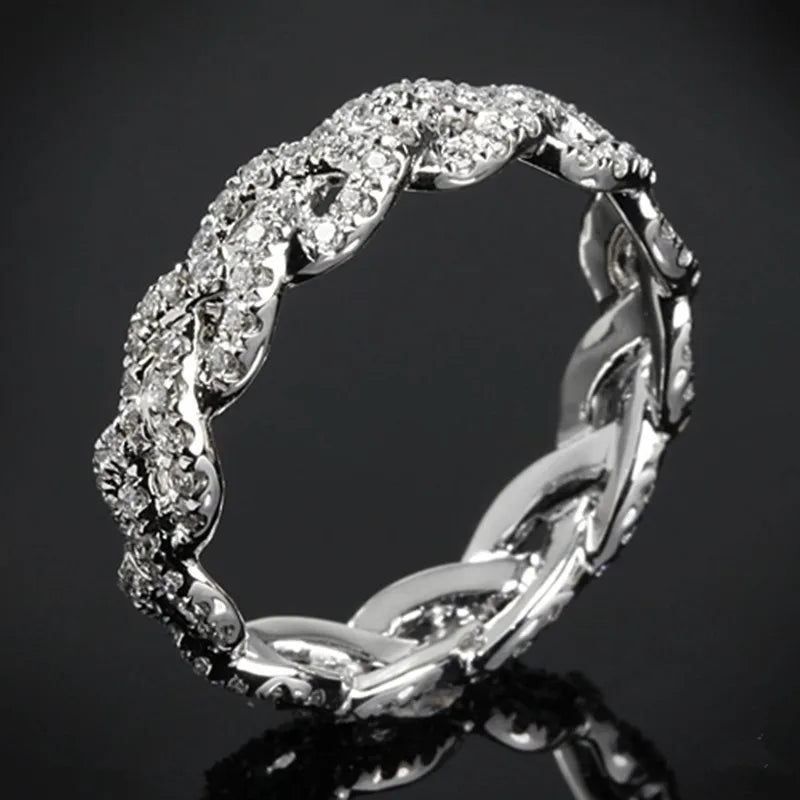 Huitan Twist Ring Women – Silver CZ Full-Pave Wedding Band Fashion Ring Axl