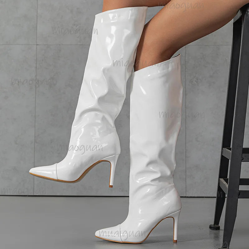 Women's Patent Leather Knee-High Stiletto Boots – Pointed Toe Knee-High Boots Axl