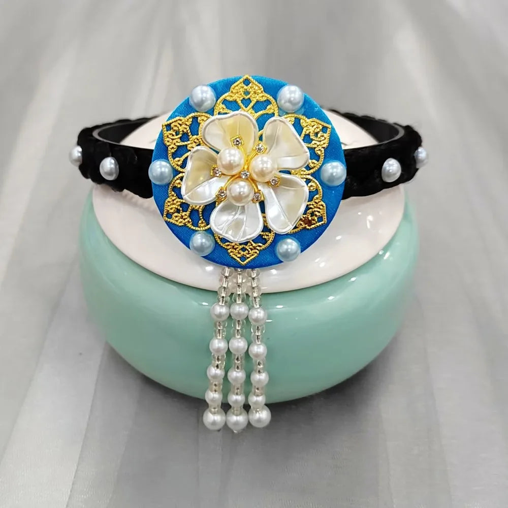 Korean Hanbok Headband – Pearl Flower Tassel Hair Hoop Hair Headband Axl blue
