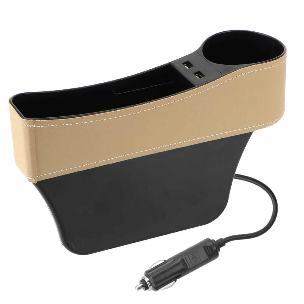 Car Seat Gap Organizer with Dual USB Charger | Leather Box Car Seat Organizer Axl Beige left