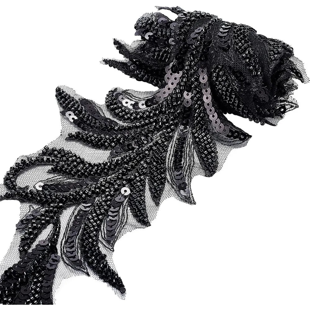Black Sequin Beaded Lace Trim Ribbon – 1 Yard, 125mm Wide Sequin Lace Trim Axl AECH04-18109