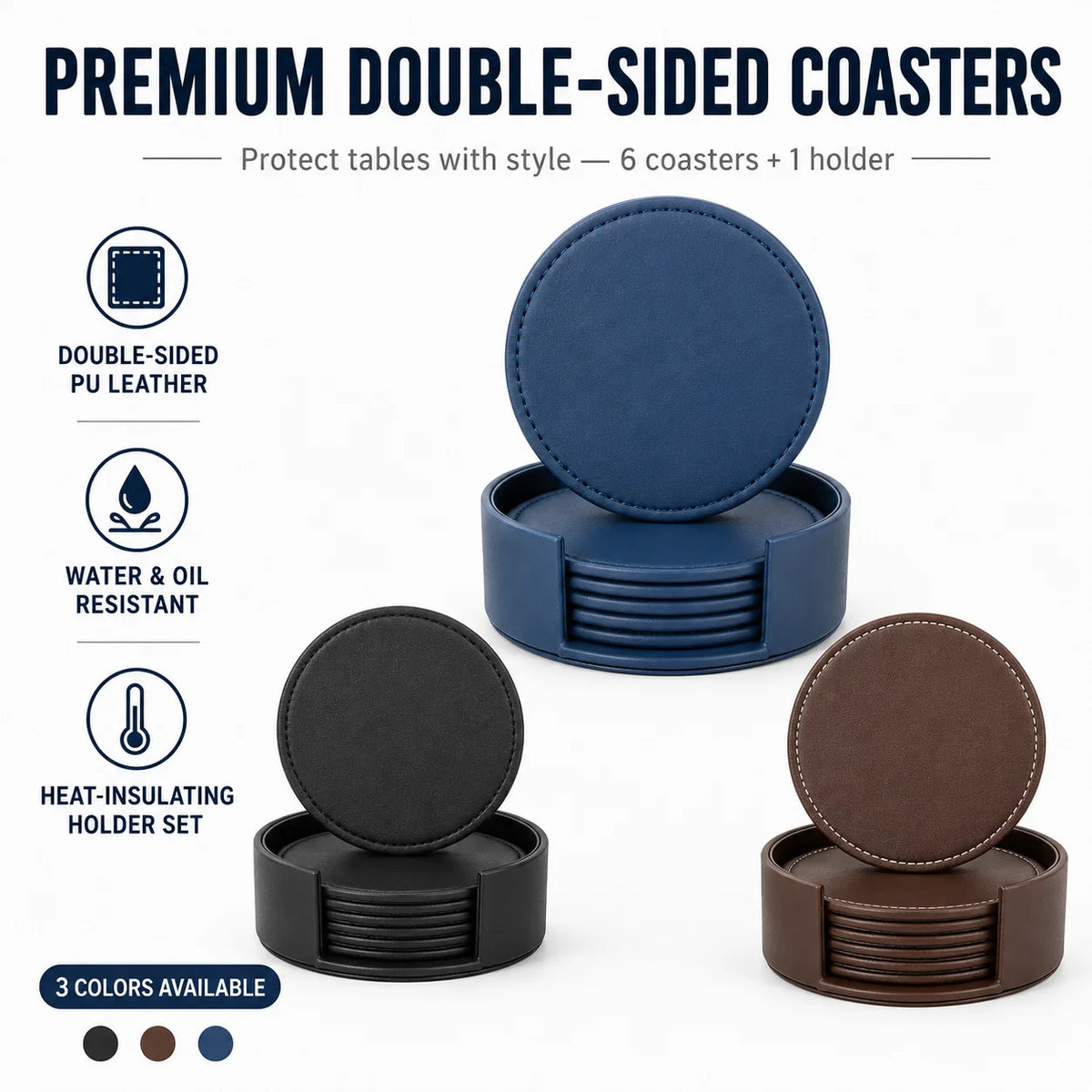 PU Leather Drink Coaster Set of 6 with Holder – Heat Resistant Drink Coaster Set Axl