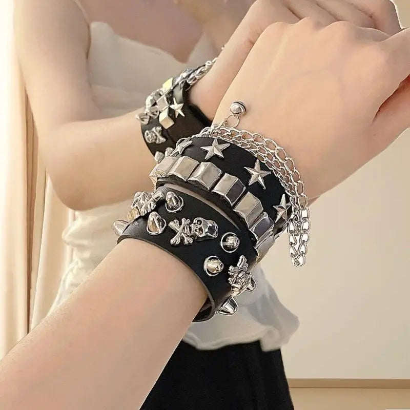 Punk Gothic Skull Spike Rivet PU Leather Wide Cuff Bracelet Cuff Bracelet Axl