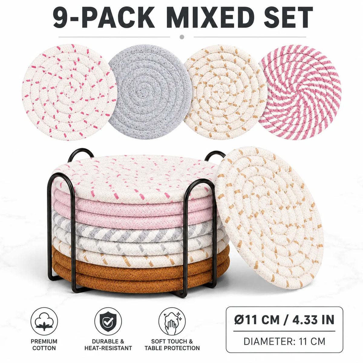 9-Pc Boho Cotton Woven Coasters Set with Holder – Absorbent Drink Coasters Set Axl 9-Pack Mixed Set