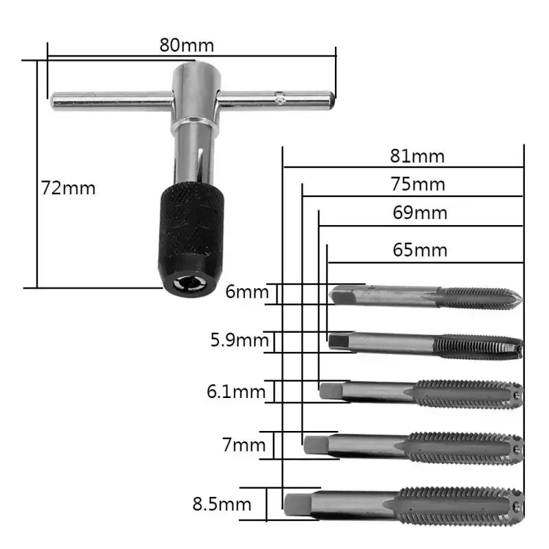 6-Piece Metric Tap Set M3–M8 with T-Handle Tap Wrench | HSS Tap & Die Set Axl