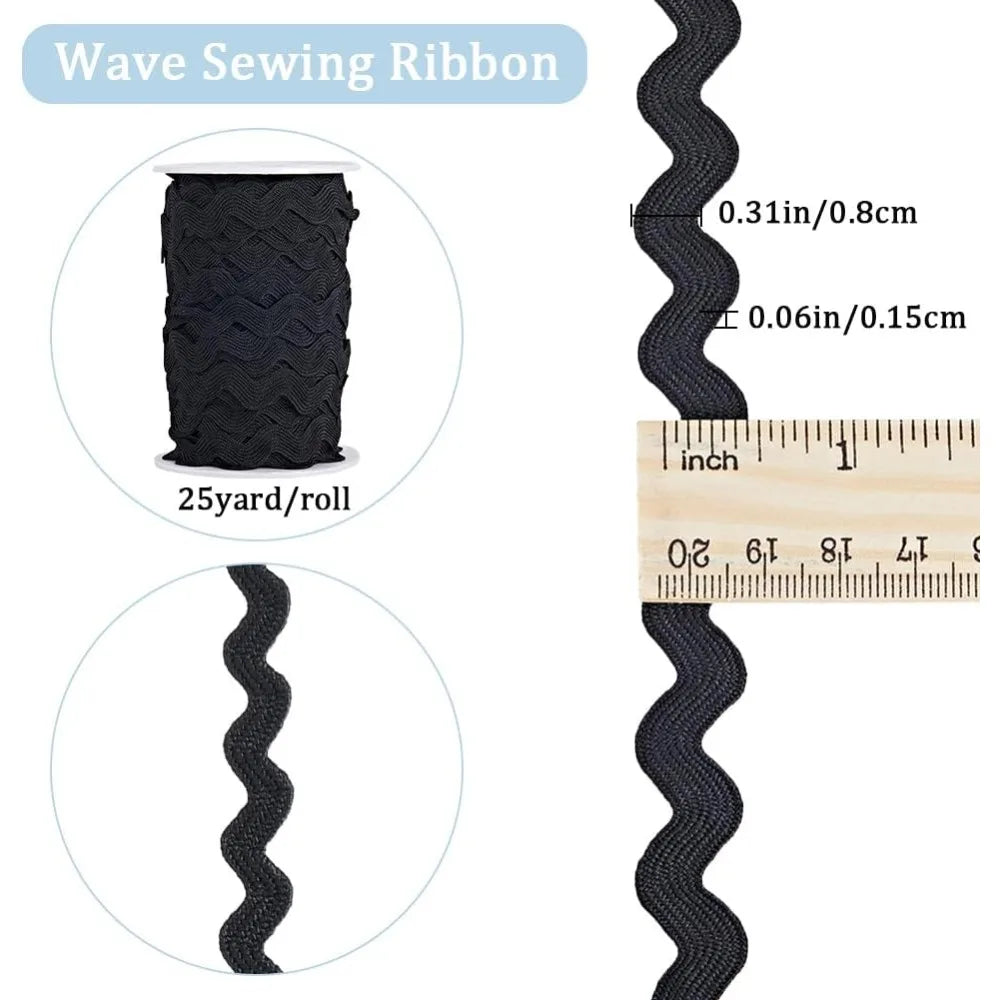 Black Wavy Ric Rac Fringe Trim Ribbon – 25 Yards, 8mm Craft Trim Ribbon Axl