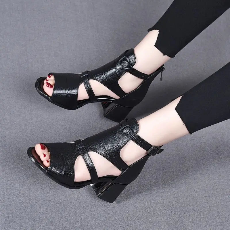 Women's Chunky Heel Open Toe Sandals – Back Zip Roman Style Heeled Sandals Axl