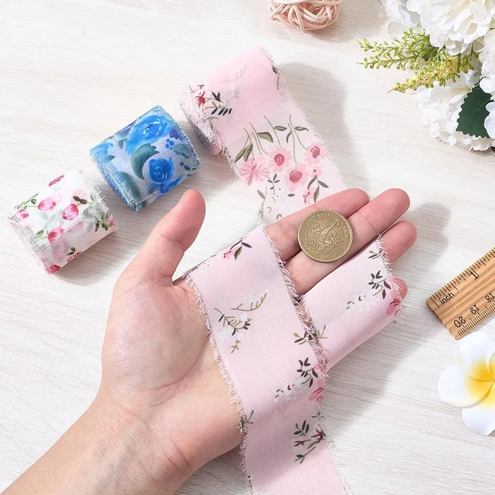 Flower Pattern Polyester Ribbon Set – 3 Rolls Fringe Raw Edge Craft Ribbon Set Axl