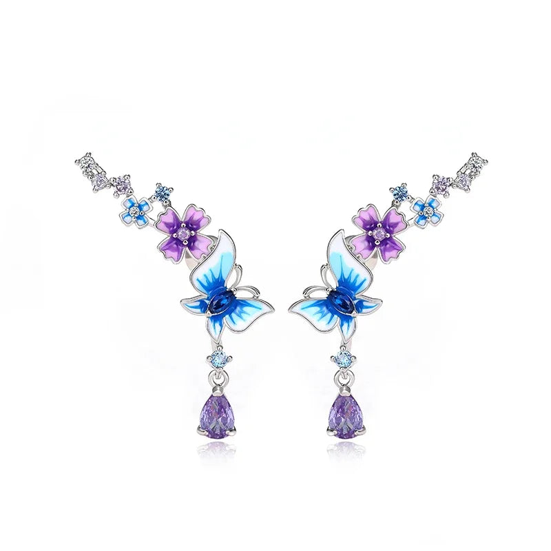 Huitan Butterfly Flower Drop Earrings | Colorful CZ Women's Jewelry Drop Earrings Axl