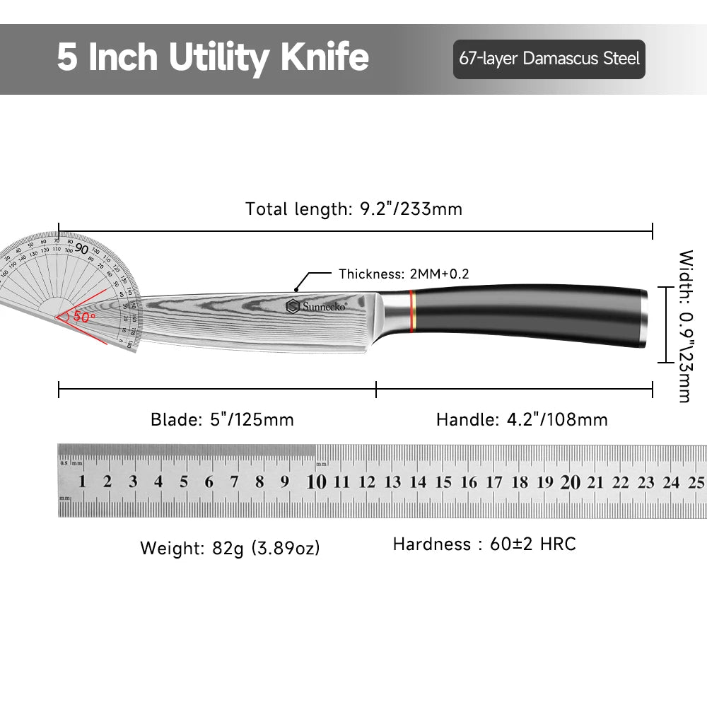 Sunnecko 5" Damascus Steel Utility Knife – 67-Layer VG10 Core Damascus Utility Knife Axl