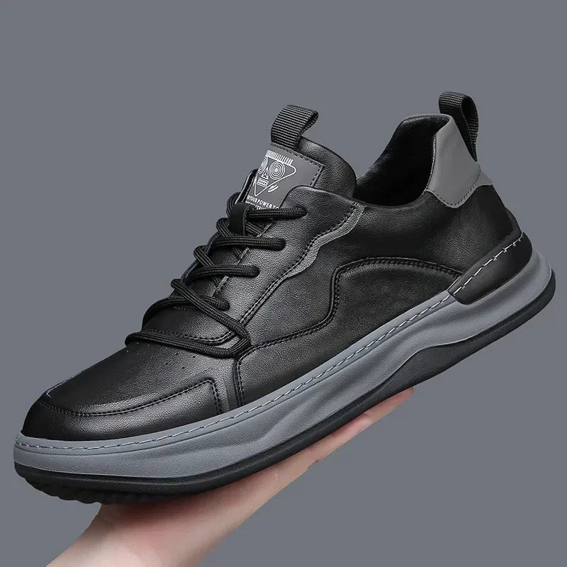YBQJOO Men's Hollow-Out Leather Sneakers | Lace-Up Casual Shoes Men's Leather Sneakers Axl Black single shoe 42