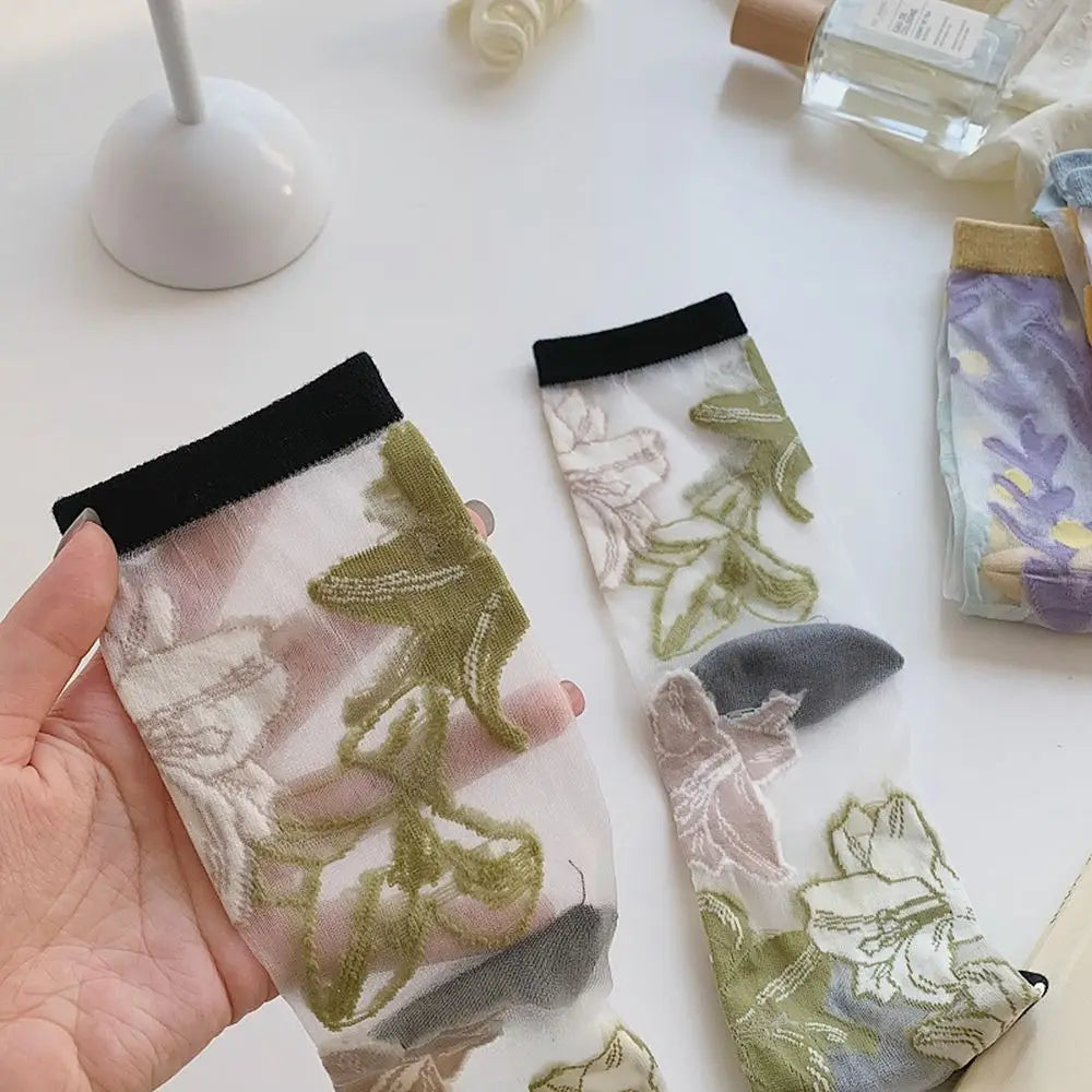 Korean Floral Mesh Tube Socks – Sheer Embroidery Women's Socks Floral Mesh Socks Axl