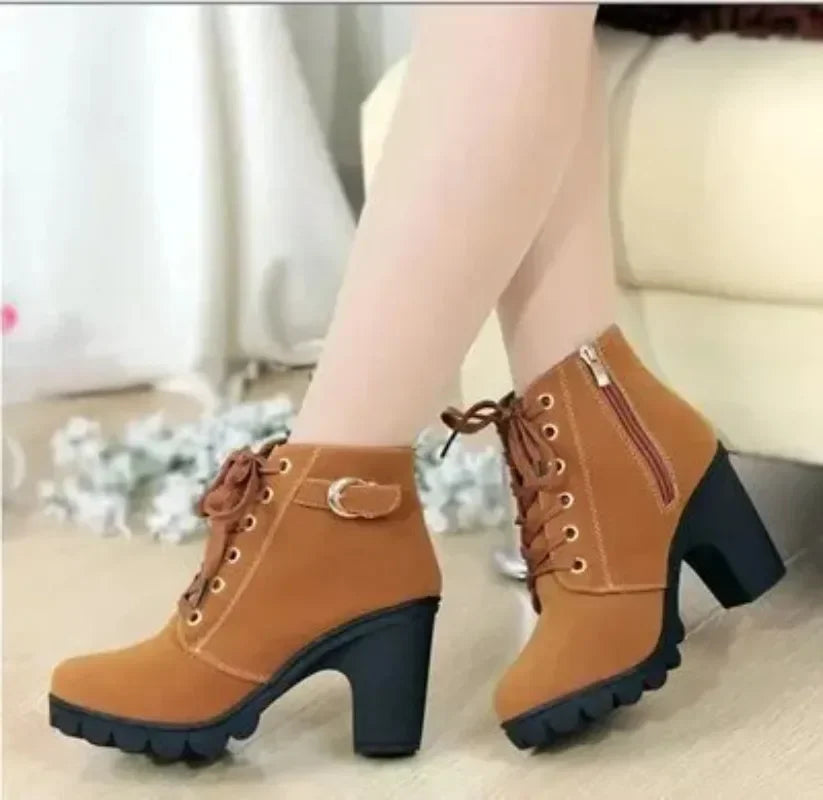 Women's Pointed Toe Ankle Boots | Thick Heel Zip PU Leather Women's Ankle Boots Axl