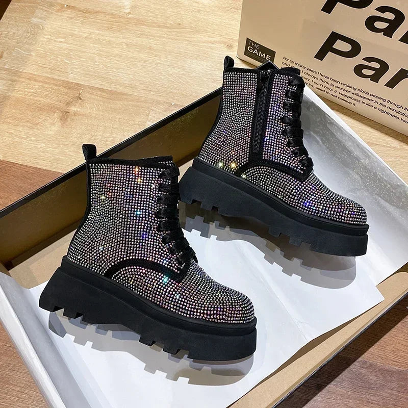 Women's Rhinestone Crystal Platform Ankle Boots | Winter Bling Platform Ankle Boots Axl Silver 35