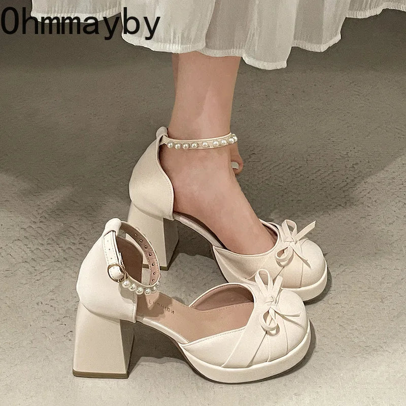 Women's Platform Mary Jane Pumps | Pearl Buckle Bow Heels Platform Mary Jane Pumps Axl