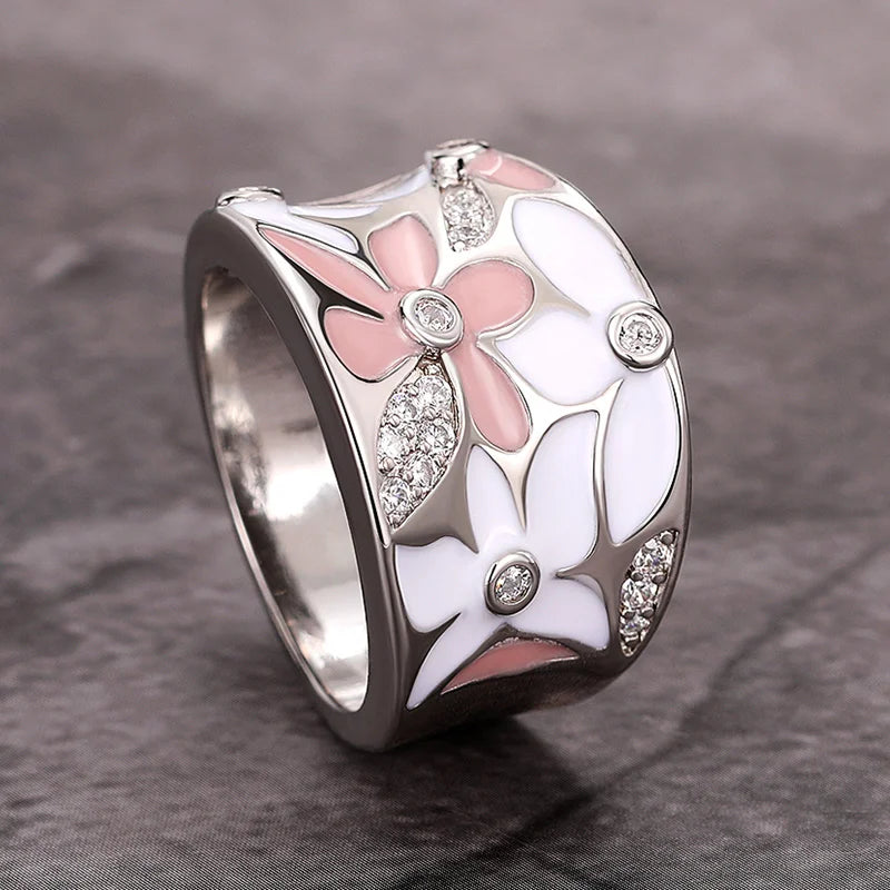 Huitan Enamel Flower Ring for Women | CZ Floral Fashion Ring Enamel Fashion Ring Axl