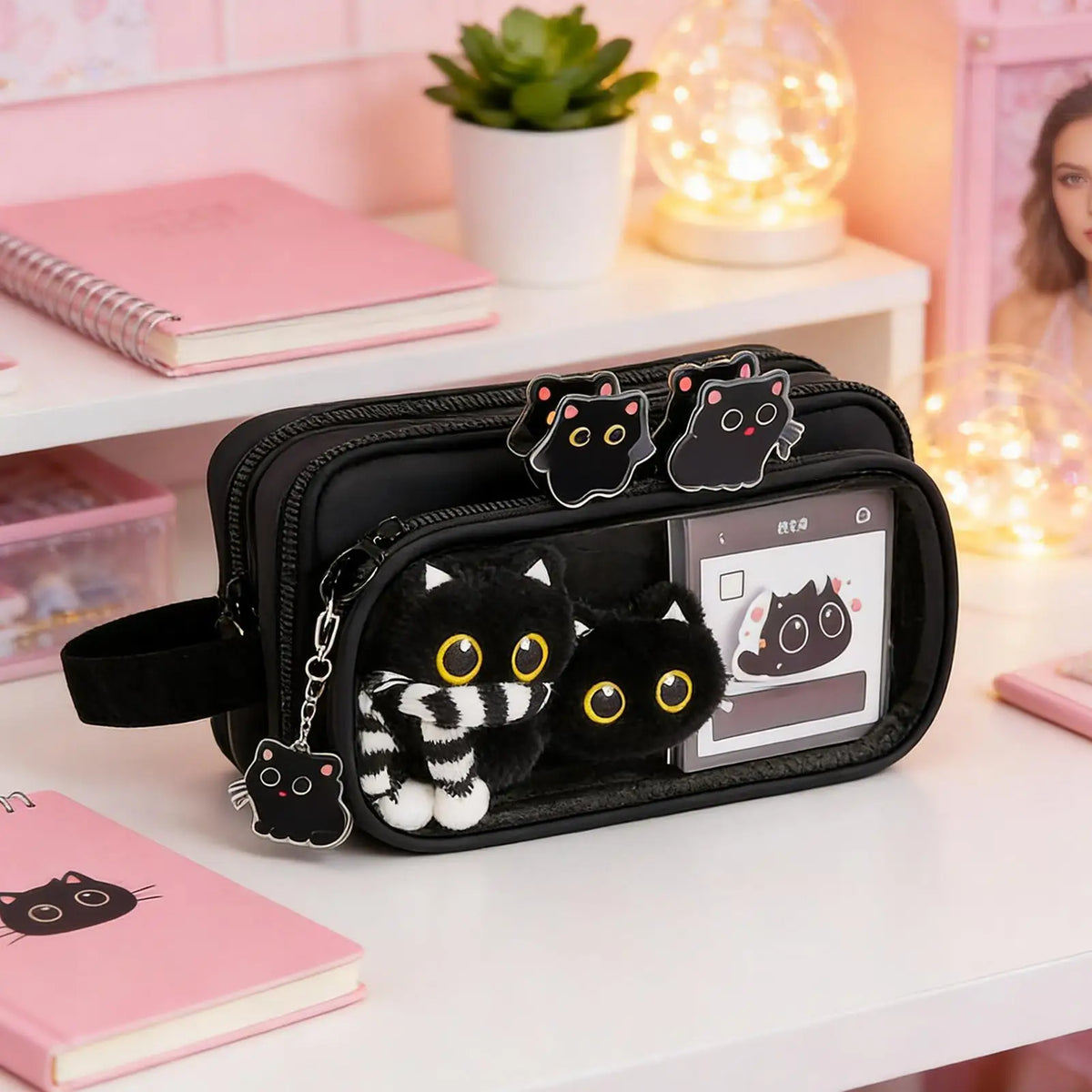 10-Layer Black Cat Pencil Case Set with Sticky Notes & Gel Pens Pencil Case Set Axl