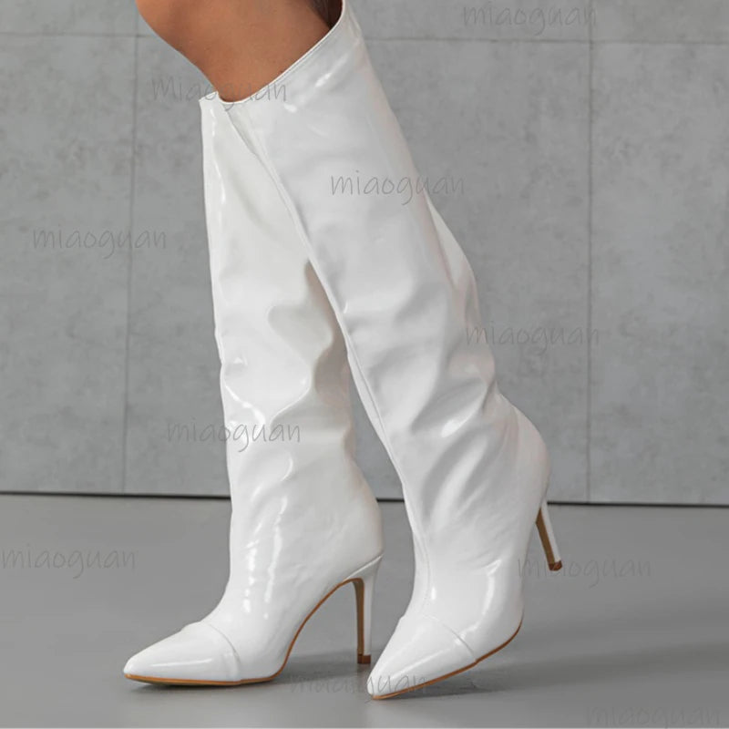 Women's Patent Leather Knee-High Stiletto Boots – Pointed Toe Knee-High Boots Axl