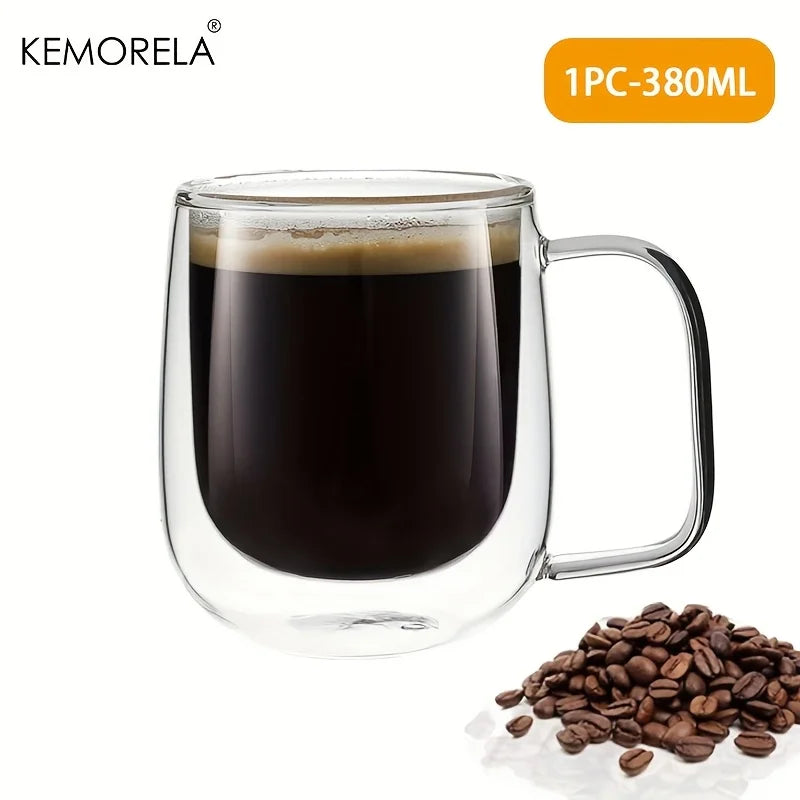 KEMORELA Double Wall Clear Glass Coffee Cup with Handle | 1-2 Pack Glass Coffee Mug Axl 1PCS 380ML 250-380ml