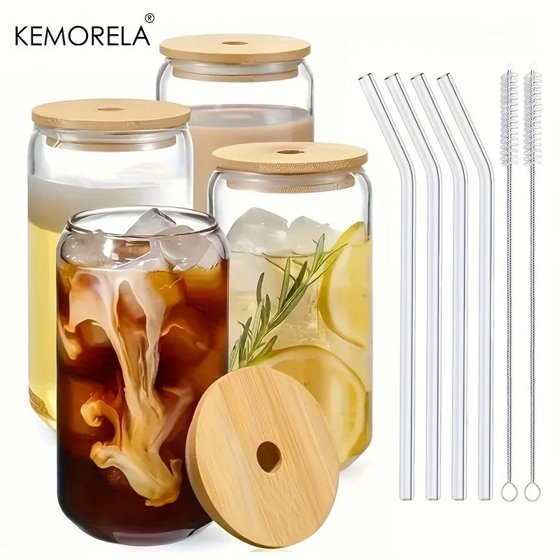 KEMORELA Glass Cup with Lid & Straw – Bubble Tea Mug Set Glass Drinkware Set Axl 4PCS-With Cover 301-400ml