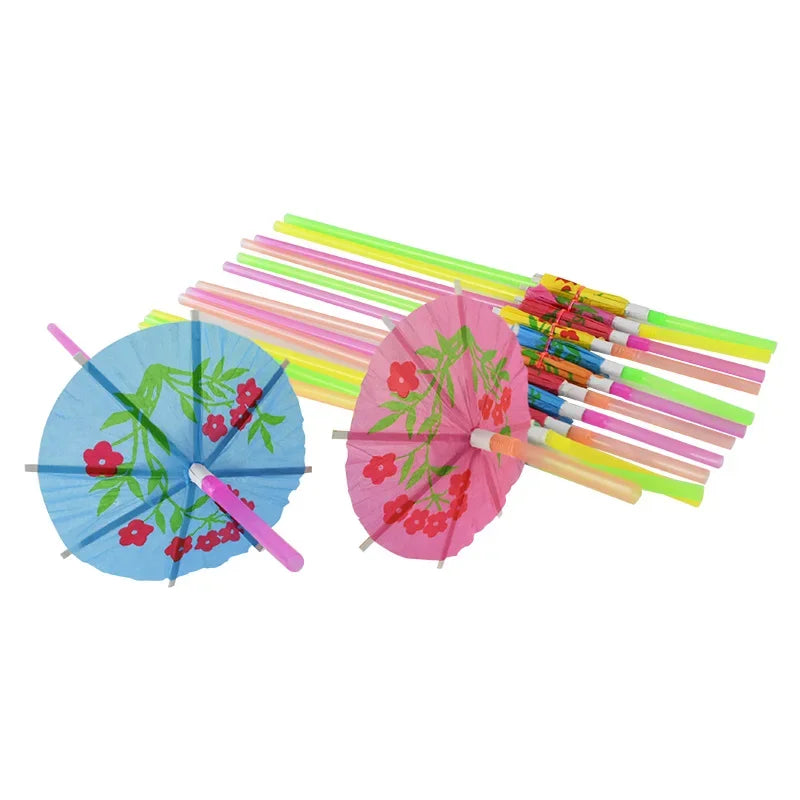 Cocktail Umbrella Straws – Fluorescent Hawaiian Party Decor Disposable Party Straws Axl