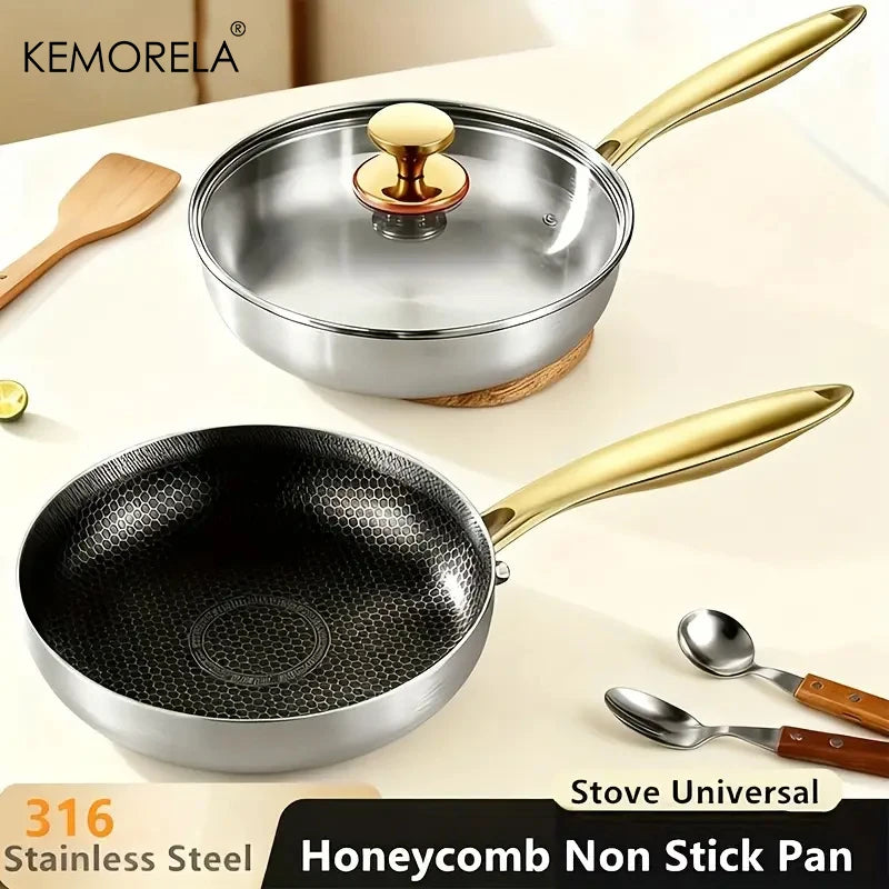 KEMORELA 316 Stainless Steel Non-Stick Honeycomb Skillet Wok Non-Stick Skillet Axl