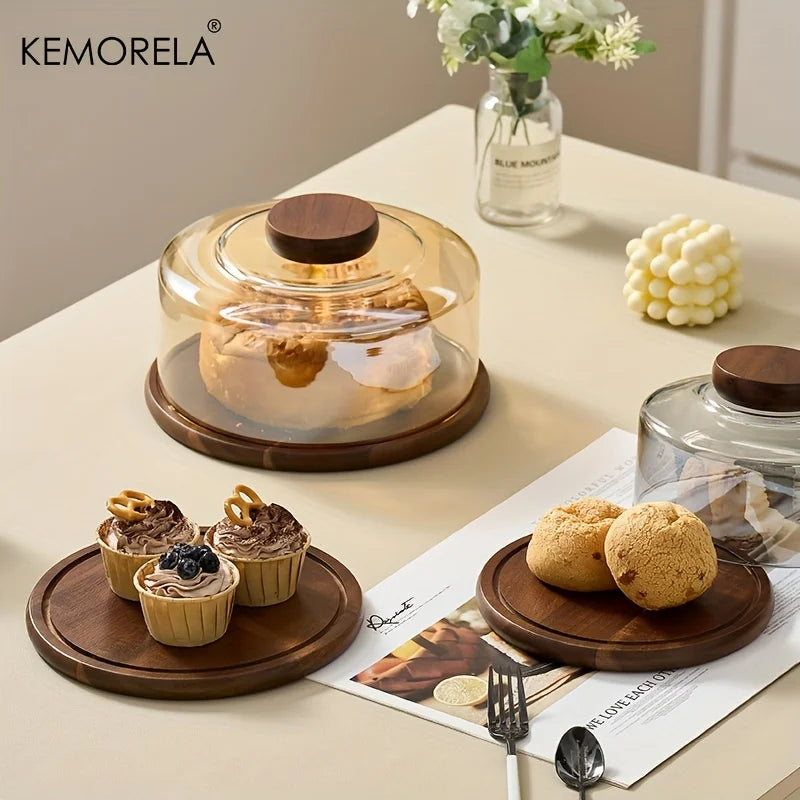 Round Wooden Cake Stand with Glass Dome Lid | KEMORELA Cake Stand Axl