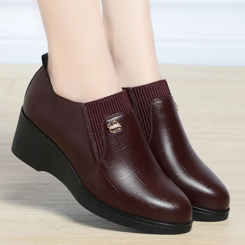 Women's Wedge Heel Slip-On Loafers – Soft Sole Casual Pumps Wedge Heel Loafers Axl Burgundy 35