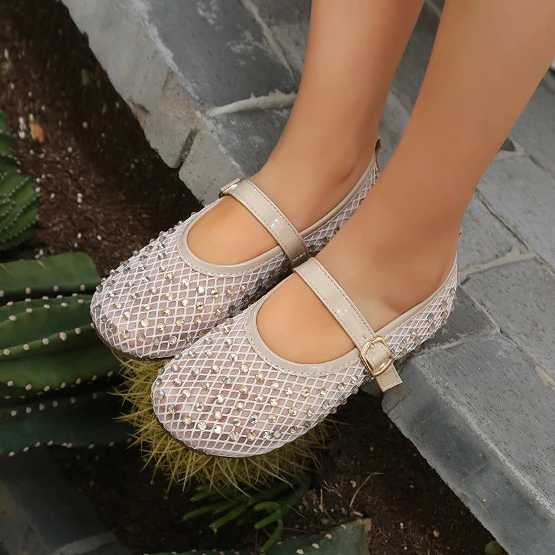 Women's Crystal Rhinestone Mesh Mary Jane Flats | Luxury Mary Jane Flats Axl
