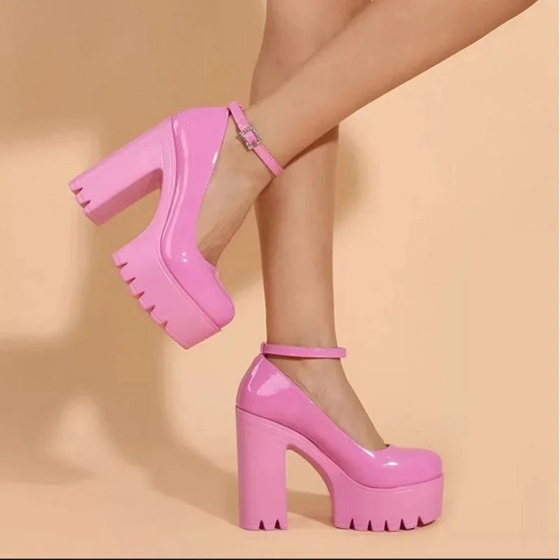 Pink Chunky Platform Pumps – Ankle Strap Square Heel Women Platform Pumps Axl