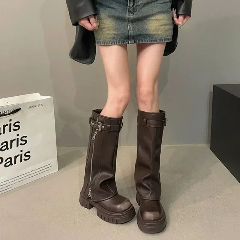 Women's Knee-High Platform Knight Boots – Belt Buckle Zip Knee-High Boots Axl
