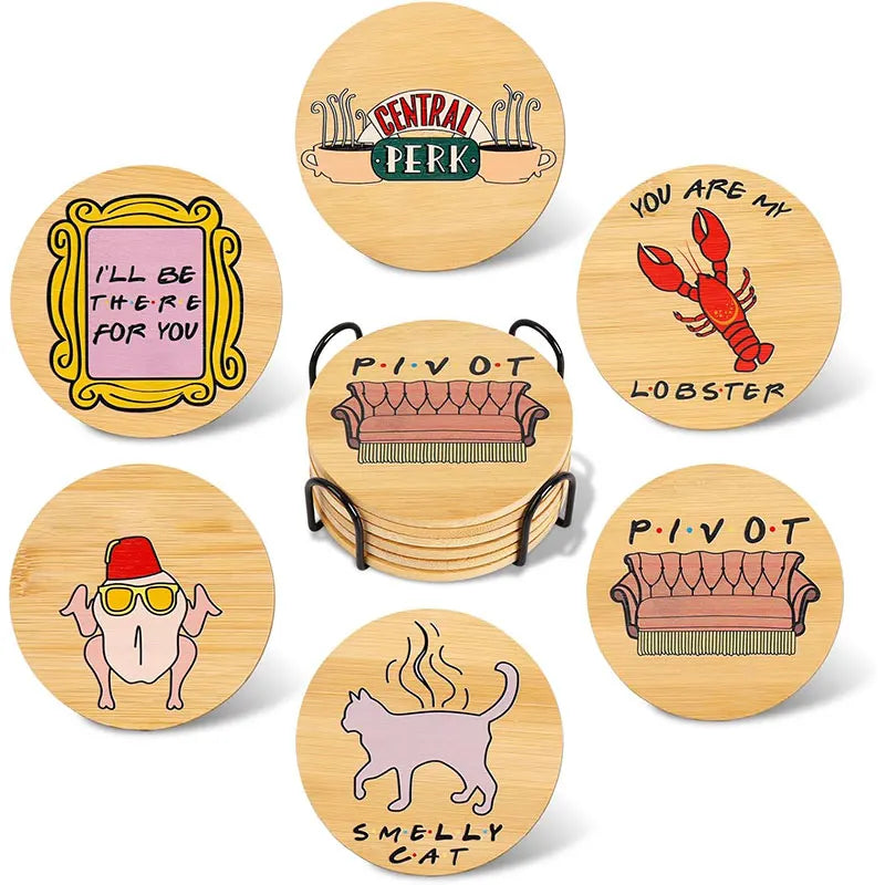 6-Piece Funny Wood Coasters with Holder – Cat & Lobster Design Wood Coaster Set Axl