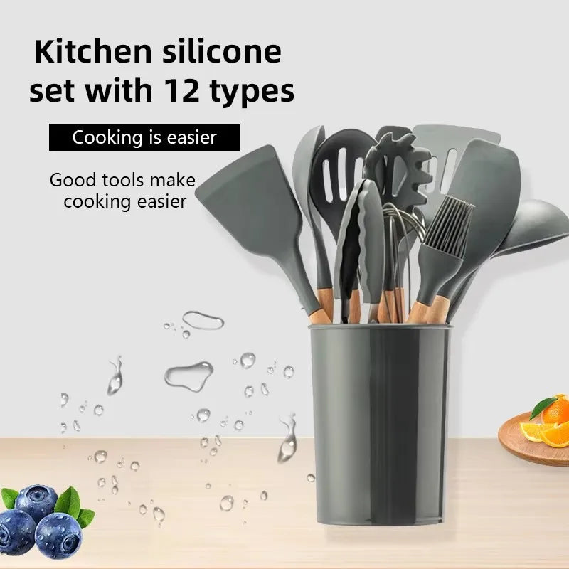 12-Piece Silicone Kitchen Utensil Set – Wood Handles & Bucket Kitchen Utensil Set Axl