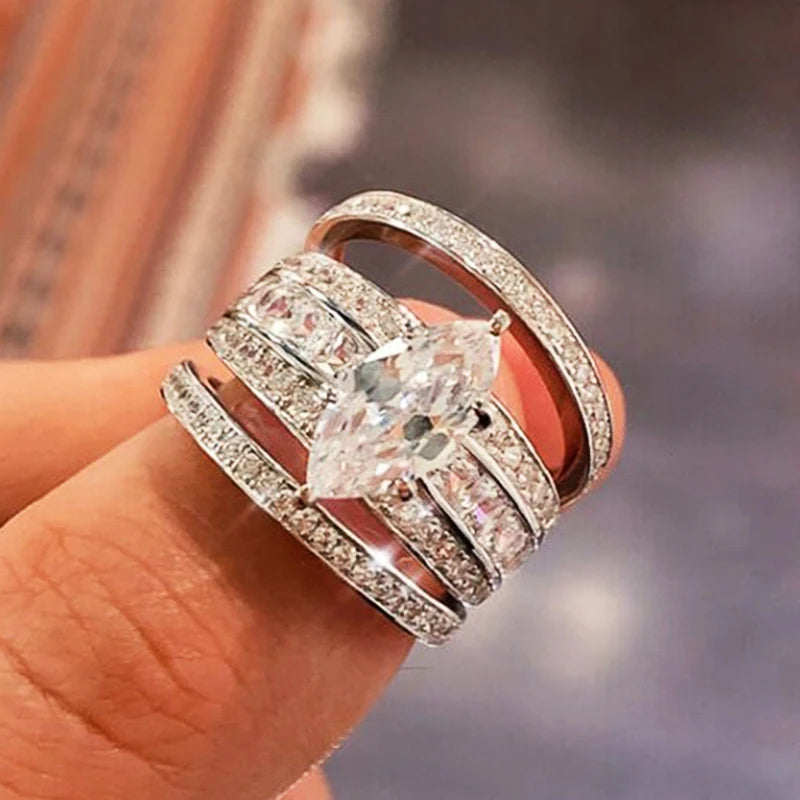 Huitan 3-Piece CZ Bridal Ring Set – Wedding & Engagement Bridal Ring Set Axl T0378 8