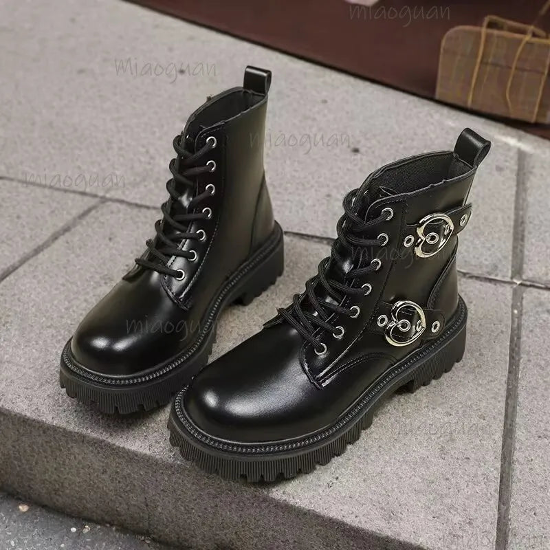 Women's Goth Platform Ankle Boots | Black Round Toe Plus Size Platform Ankle Boots Axl