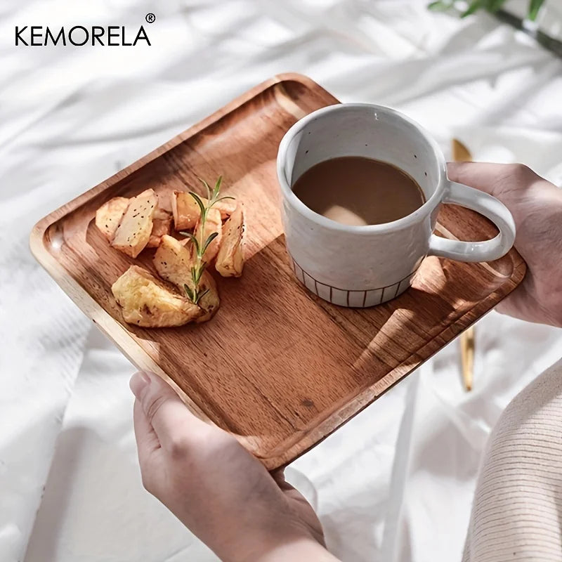 KEMORELA Acacia Wood Serving Tray – Tea, Coffee & Dessert Wood Serving Tray Axl