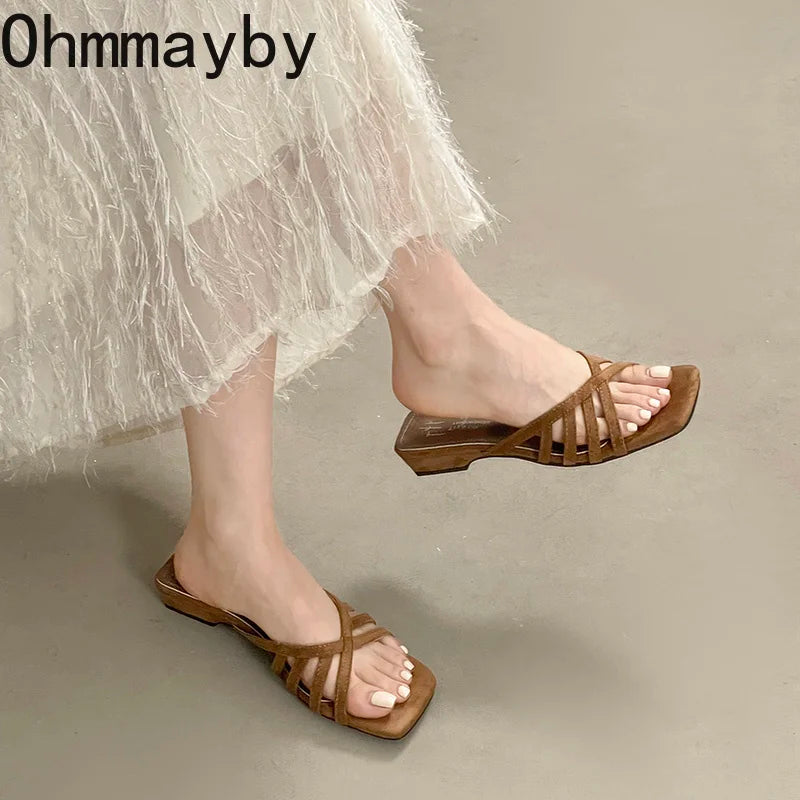 Women's Square Toe Cross Strap Heeled Slides | Summer Sandals Heeled Slide Sandals Axl