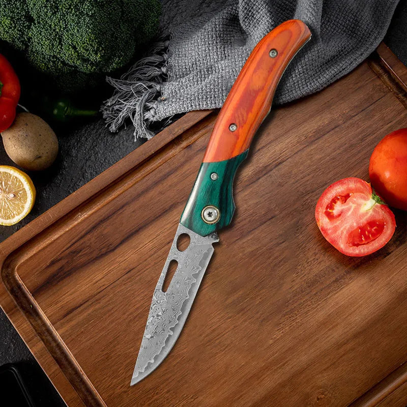 Damascus Steel Folding Knife – Sharp Wood Handle Kitchen Knife Folding Kitchen Knife Axl
