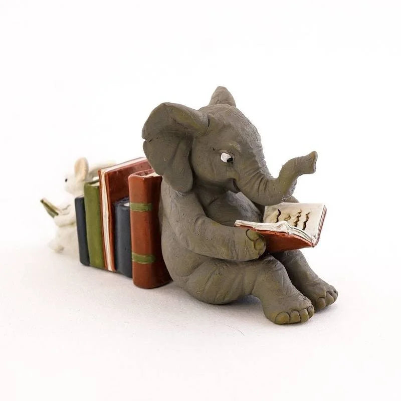 Elephant & Rabbit Reading Bookend – Resin Animal Statue Decor Decorative Bookend Axl