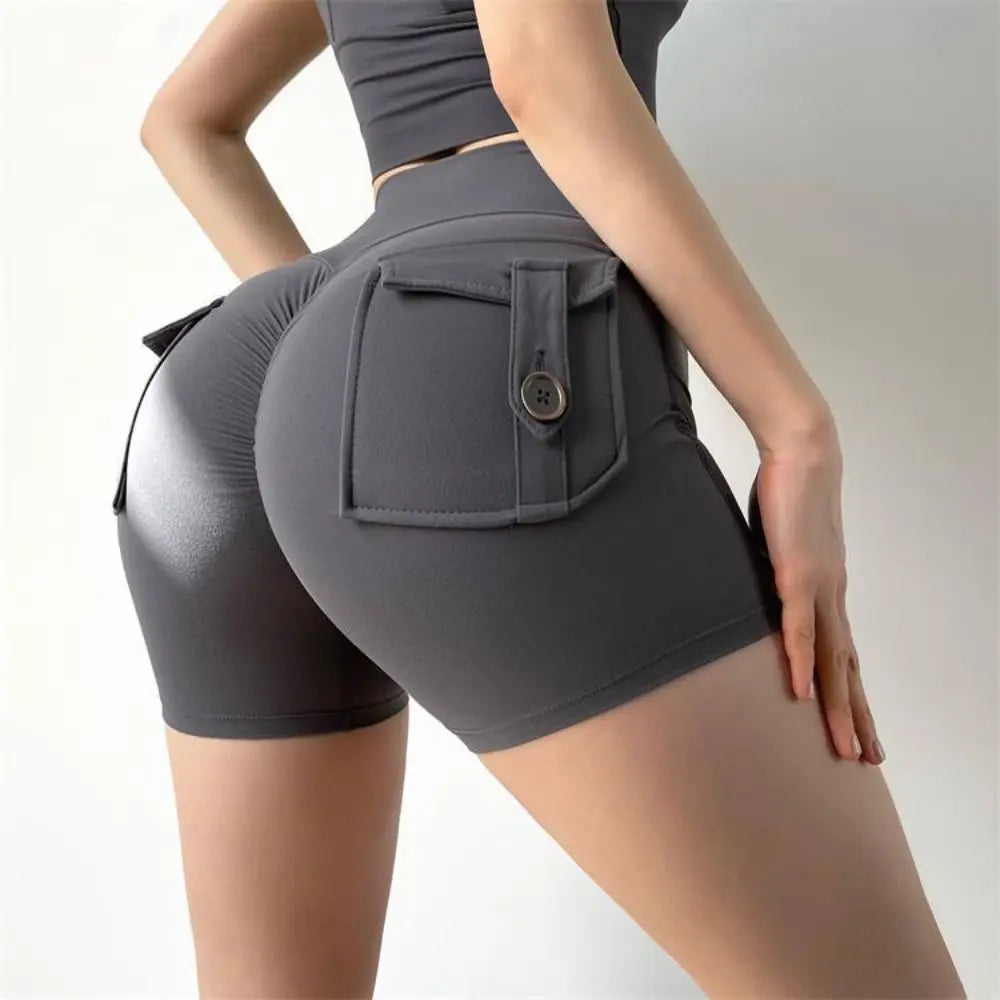 Women's High Waist Scrunch Gym Shorts with Pocket Women's Gym Shorts Axl Grey-S