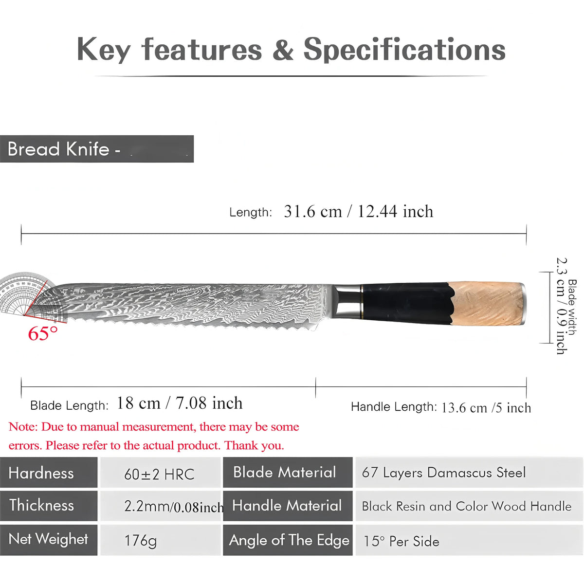 67-Layer Damascus Steel Bread & Cake Slicing Knife Damascus Bread Knife Axl