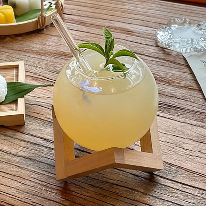 Round Ball Cocktail Glass with Wood Stand | Creative Bar Tumbler Cocktail Glass Axl