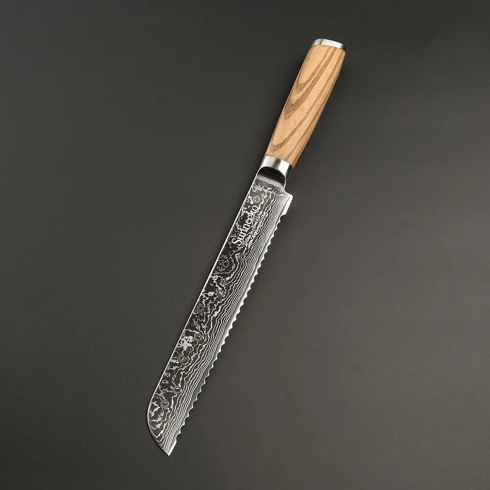 Sunnecko 8" Damascus Bread Knife – 73-Layer VG10 Steel Damascus Bread Knife Axl