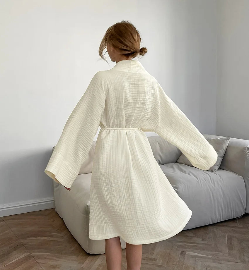 Women's Beige Long-Sleeve V-Neck Lace-Up Robe | Soft Loungewear Women's Loungewear Robe Axl